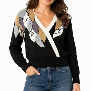 Vintage 1990s Jaclyn Smith Petite Metallic Gold Leaf Beaded Wrap Style Sweater